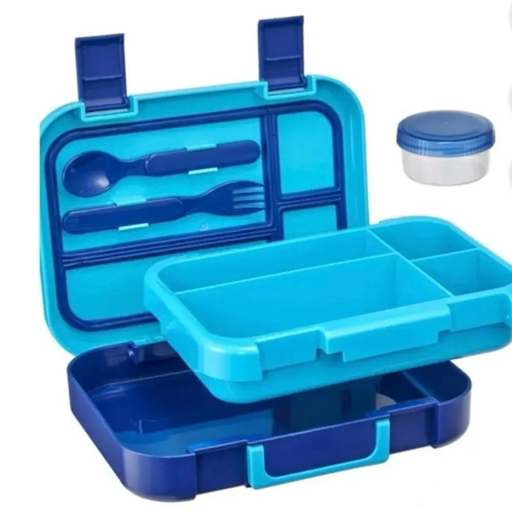 Your Zone Blue Bento Lunch Box with Utensils Condiment Container Dishwasher Safe
